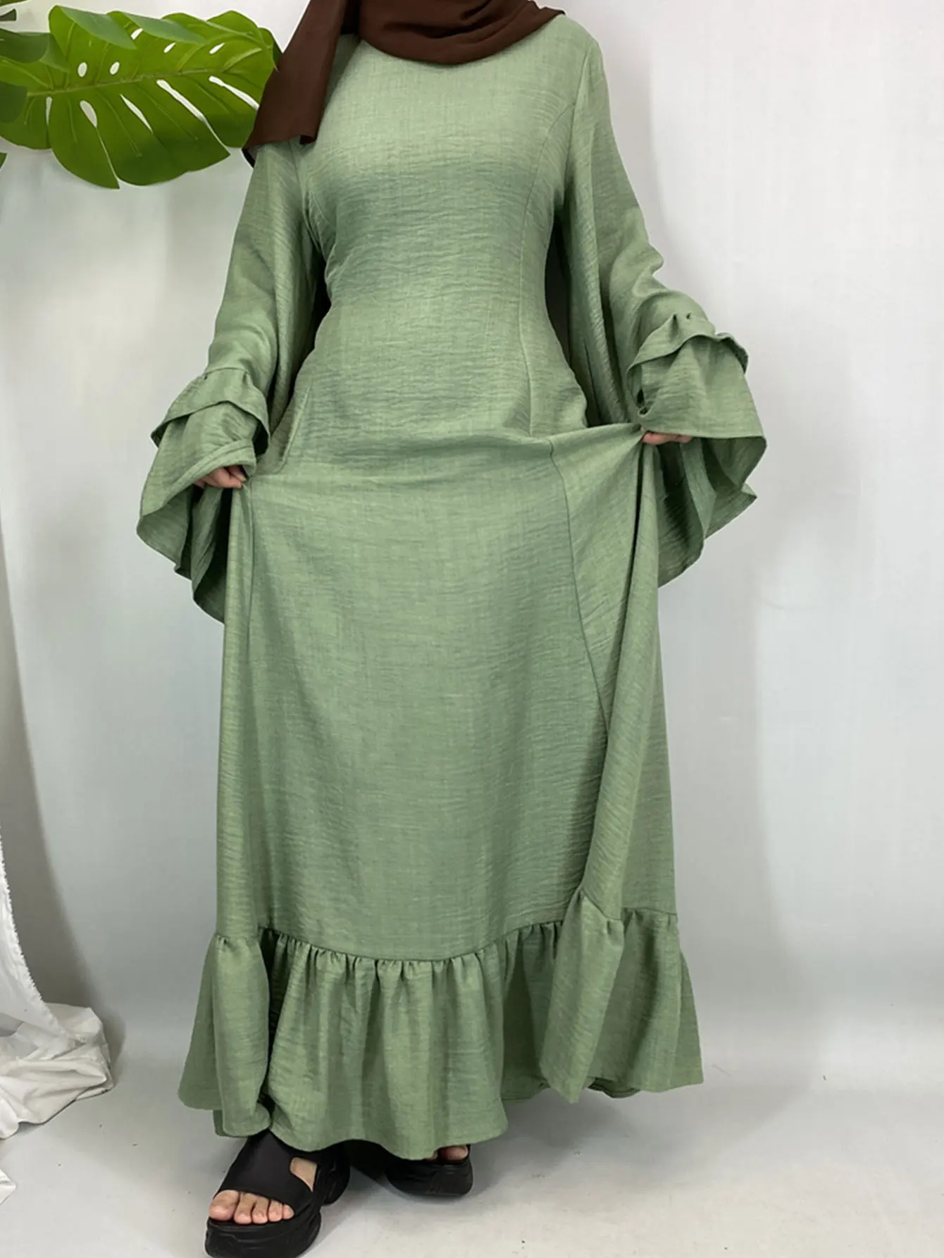 

Мусульманское платье Рамадана с расклешенными рукавами для женщин, халат Абая Дубай с рюшами, кафтан, исламская одежда, кафтан Femme Musulmane Jalabiya, платье