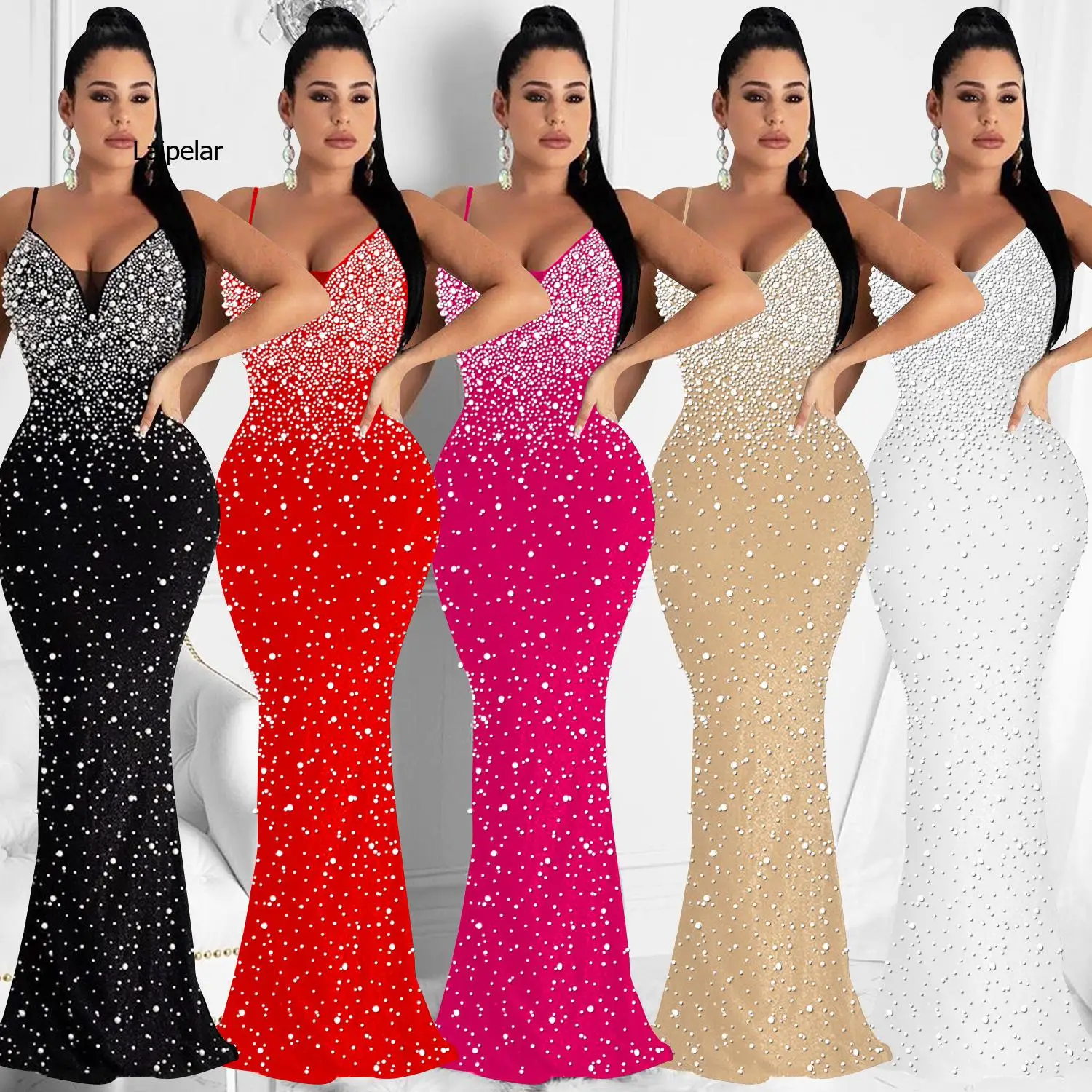 

Laipelar 2022 New Arrival Famous Brand Dress Solid Beading Spaghetti Strap Sexy Celebrity Party Maxi Dress Vestidos