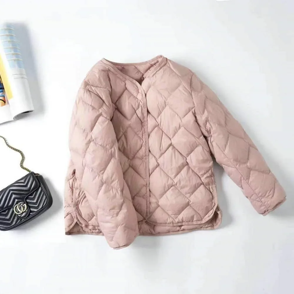

2025 New Female Winter Warm Collarless Fashion Ultralight Quilted Puffer Coat Women Liner Duck Down Jacket V-neck Office Lady