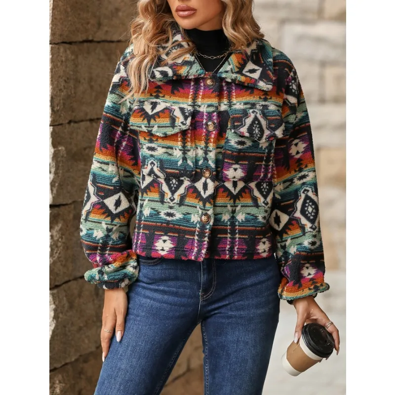 Autumn and Winter New Women\'s Fashionable Temperament Printed Loose Long Sleeved Short Jacket