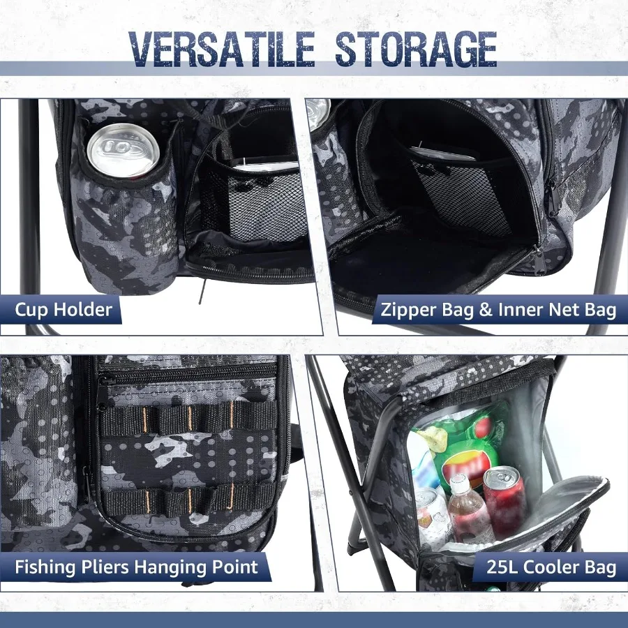 كرسي صيد محمول مع مسند ظهر قابل للتعديل وجيوب جانبية لصيد الأسماك في الهواء الطلق والتخييم والصيد خفيف الوزن ومتين #5