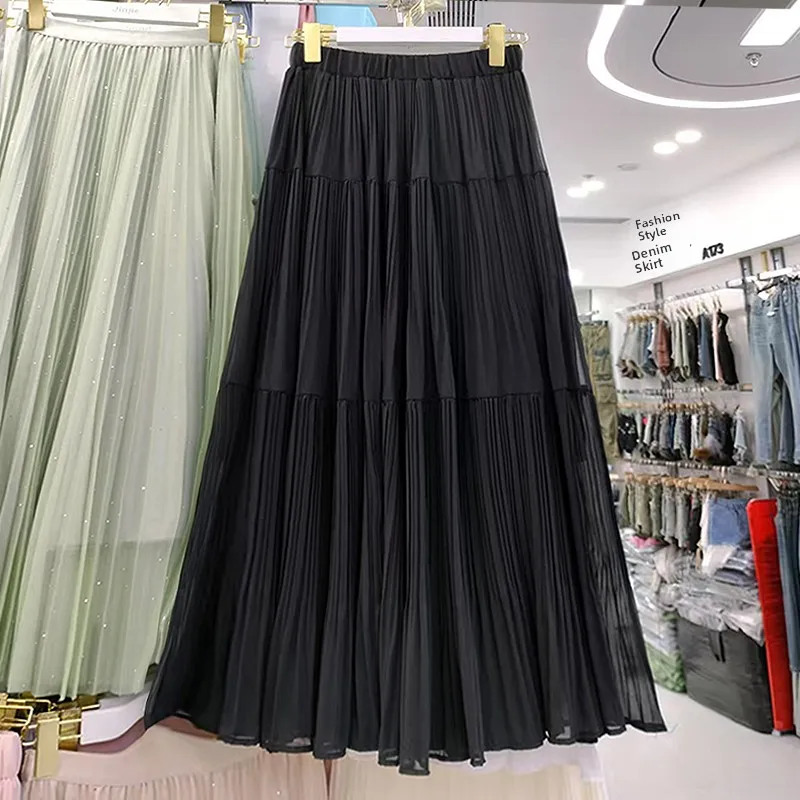 Summer 2025 Women's Midi High Waist A-Line Skirt Pleated Chiffon Cake Skirt plus Size f-length Polyester Fiber Commute Sle