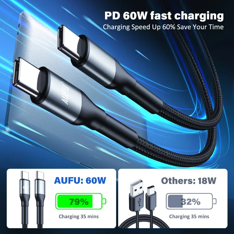 AUFU 60W USB C Type C Cable for MacBook Quick Charge 3.0 PD Fast Charging Cable for iPhone 15 Samsung Xiaomi POCO Charge Cable