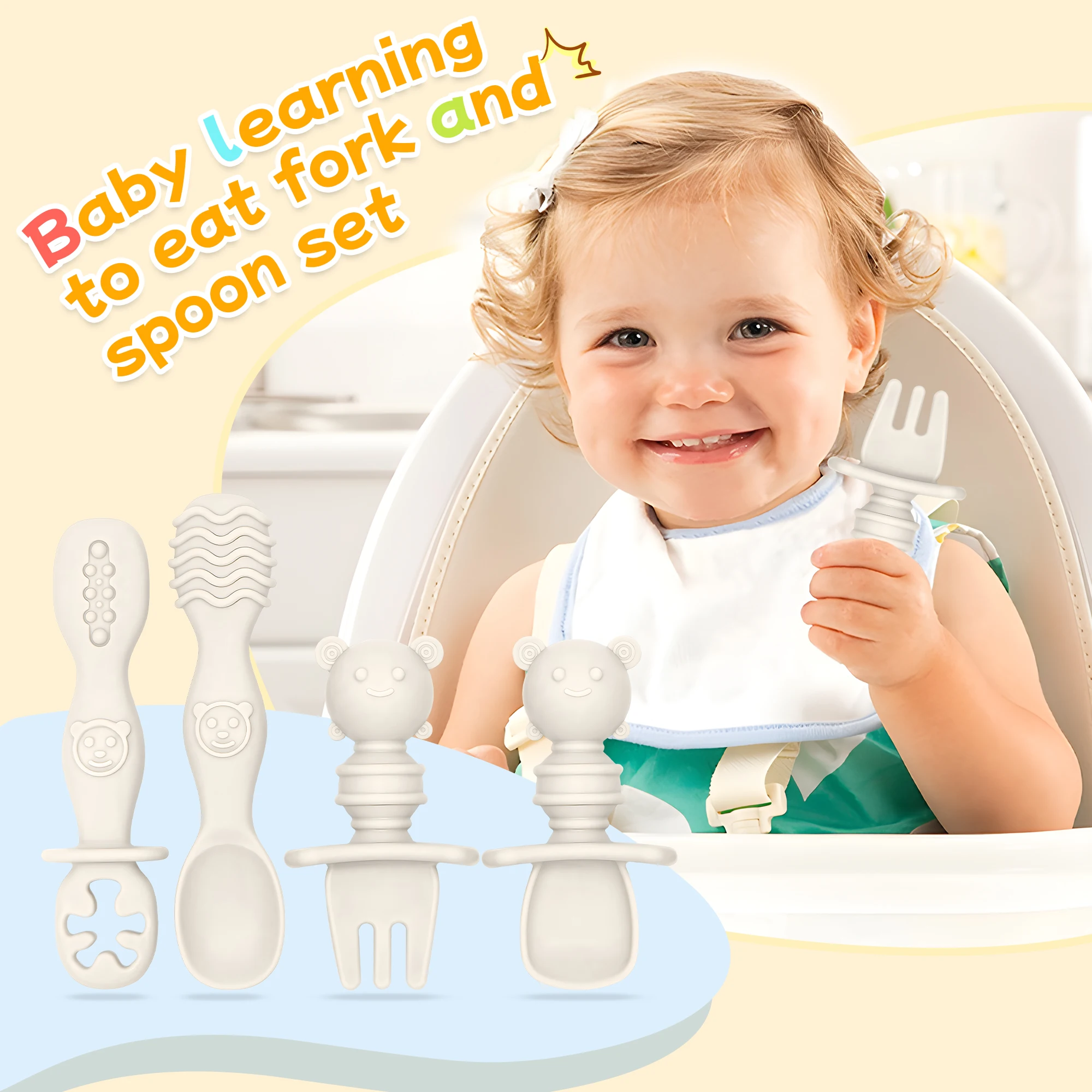 

Набор из 4 штук — силиконовый набор детской вилки и ложек, подходит для независимого кормления и отлучения младенцев, с дизайном против удушья.