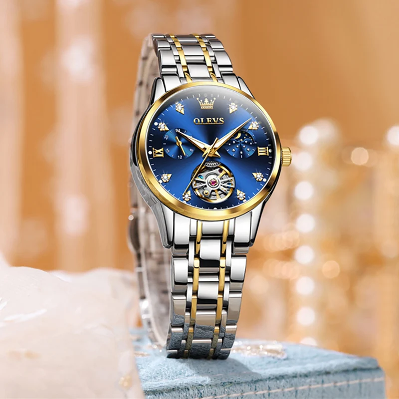 OLEVS الأصلي القمر المرحلة المرأة توربيون الساعات الميكانيكية السيدات الصلب ساعة اليد مقاوم للماء ساعة توربيون أوتوماتيكية