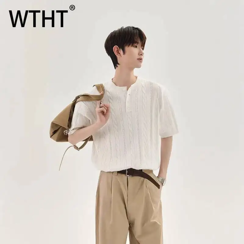 WTHT Trendy Men's Solid Color Texture Hollow Out Design T-shirts Fashion Short Sleeves Button Casual Top Male 2026 Summer 2A2887