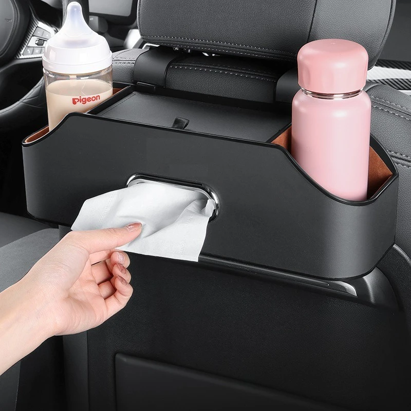 

Car Seat Back Storage Box PU Leather, Universal Car Tissue Holder Multi-compartment Storage with Phone Holder & Hooks