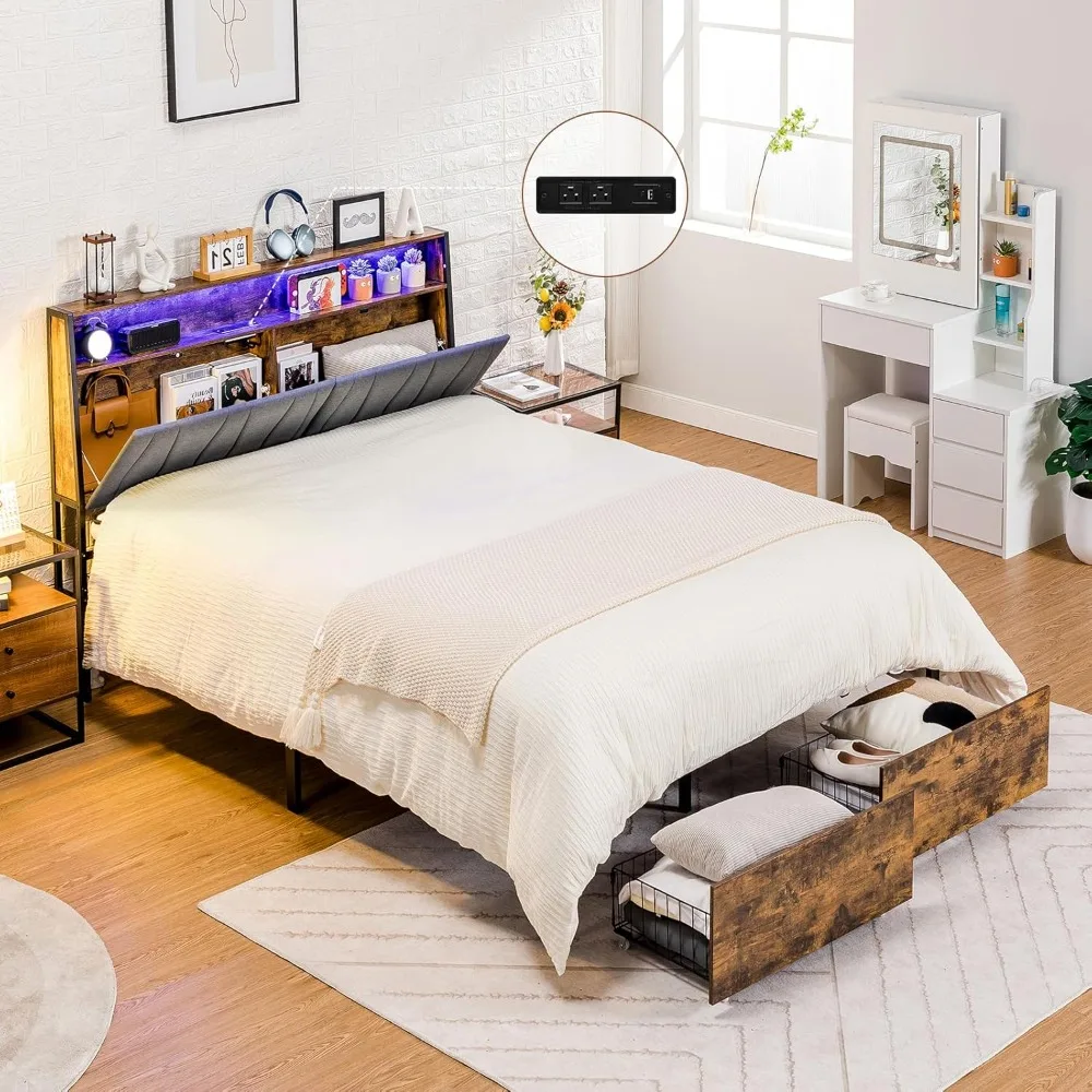 

Bed Frame with LED Lights and Charging Station, Storage Headboard and Footboard Drawers, No Box Spring Needed, Rustic Wood Look
