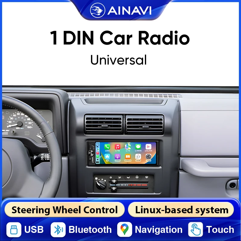 Radio para Auto AINAVI Universal con Carplay Inalámbrico, Android Auto, Bluetooth, Pantalla para Coche, Sistema de Audio y Entretenimiento para Auto, 1 DIN, Carga Tipo-C, USB, BT, HD, IPS, K50, 6.36 Pulgadas