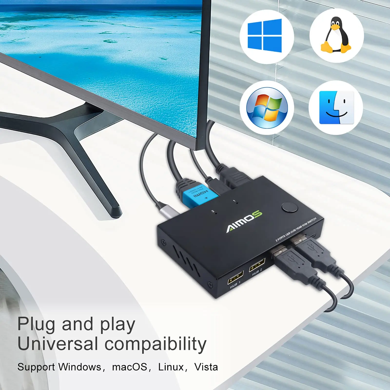 AIMOS USB HDMI KVM-переключатель, 2-портовый KVM-переключатель 4K при 30 Гц, для 2 компьютеров Share HD-монитор, клавиатура-мышь