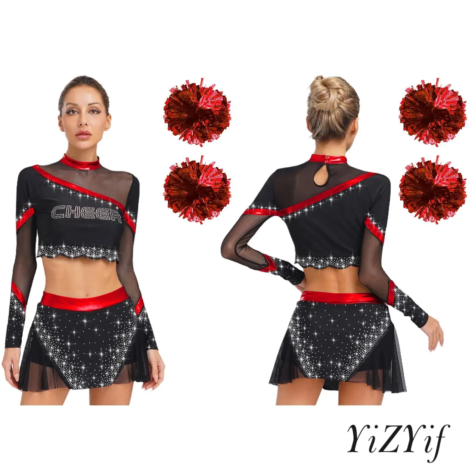 

Women Cheer Set 4 Piece Sparkling Sequins Cheerleading Outfit with Long Sleeve Top And Skirt Hand Flowers for Squad Performance