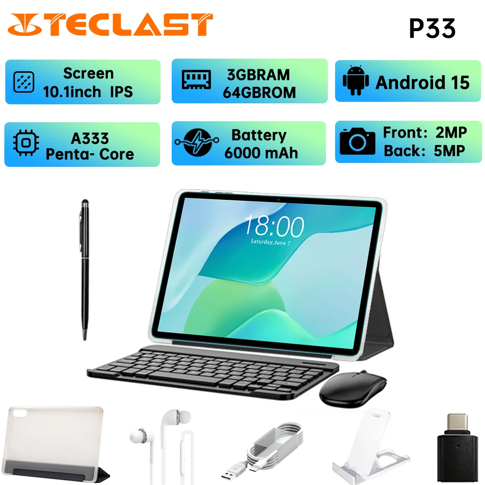 Teclast P33 new tablet, Android 15 10.1-inch 1280X800, 9GBRAM+64GBROM, WIFI, Type-C charging, with Keyboard & Accessories Bundle