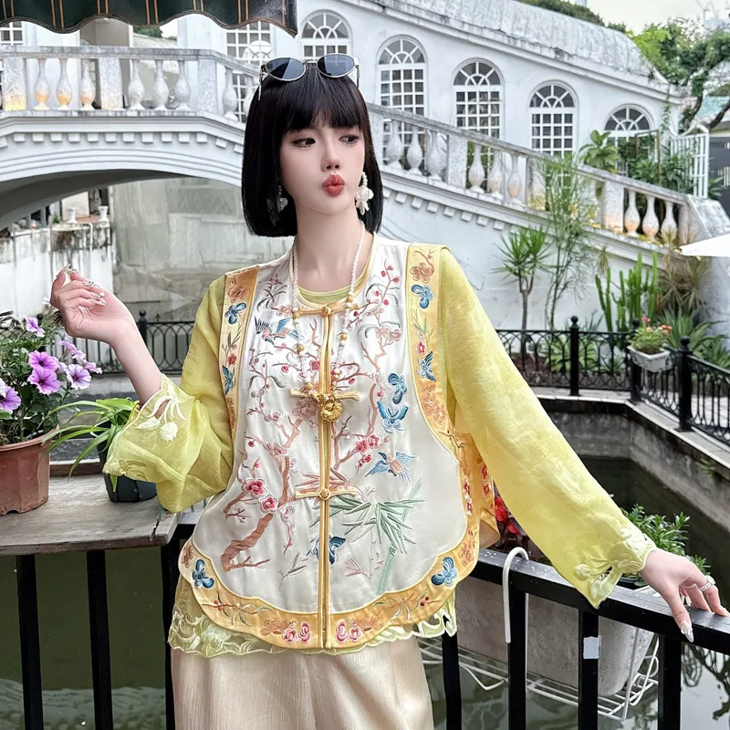 Spring And Summer New Fashion O-Neck Women's Chinese Style Acetate Fabric Flowers Embroidered Single Breasted Vest S-XXL