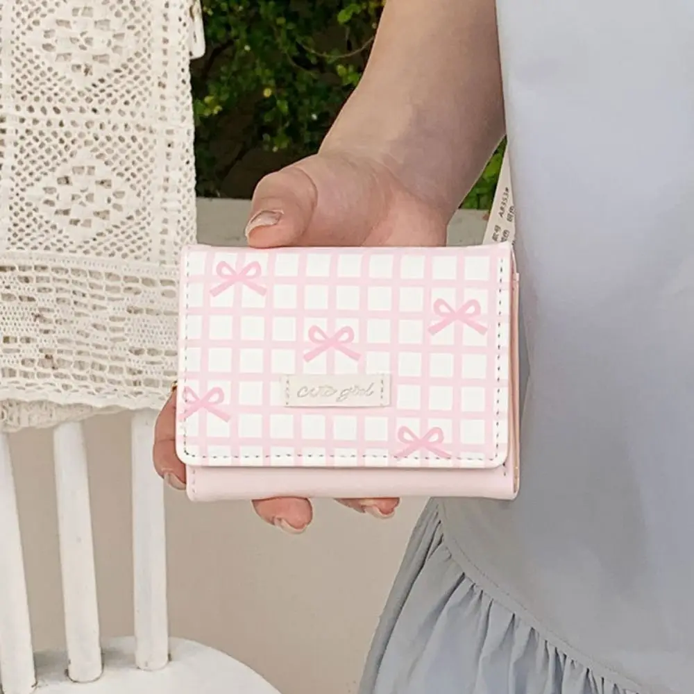 

Pouch Sweet Cute Tri-Fold Purses Lattice PU Leather Bow Short Wallet Candy Color Multiple Card Slot Coin Purse Girls