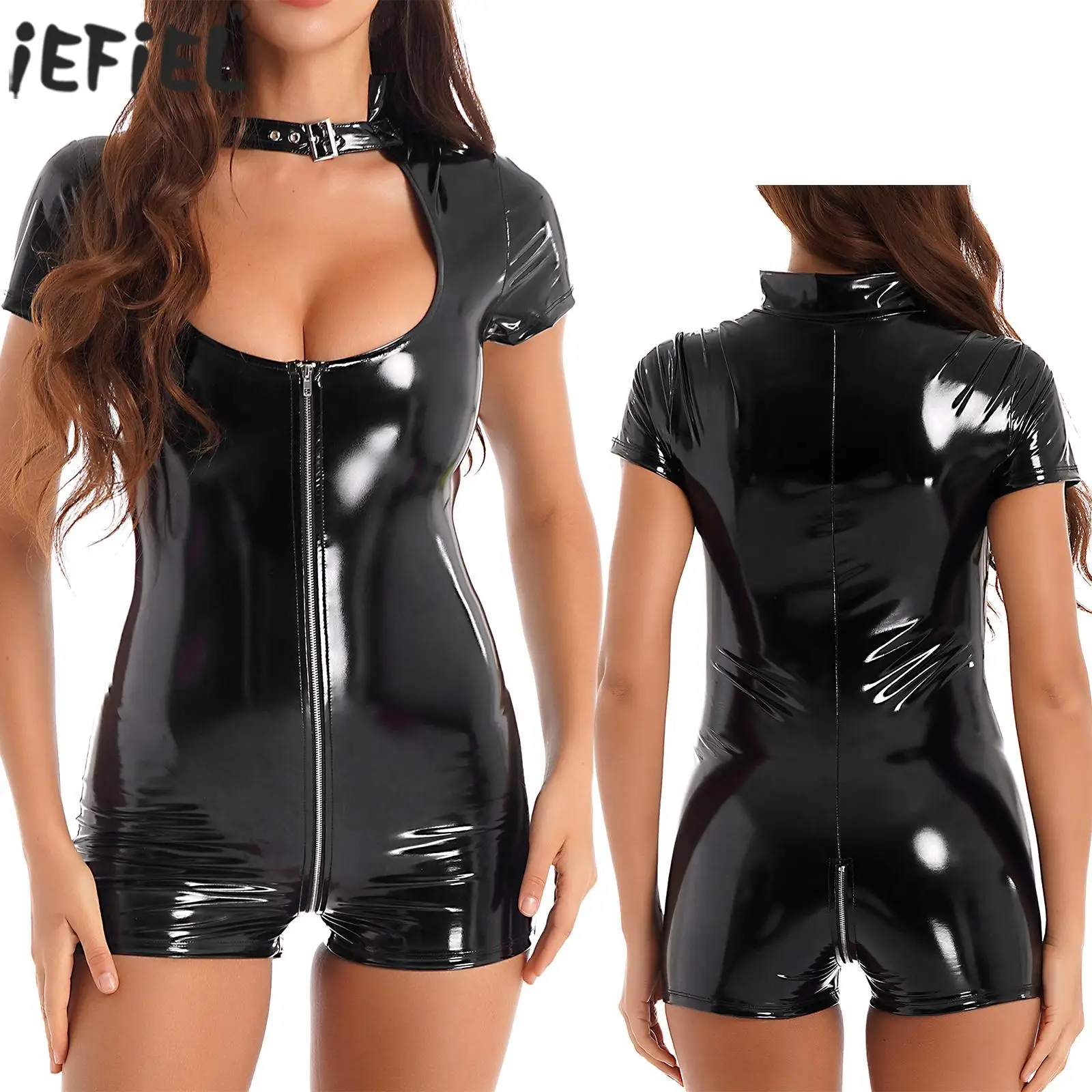 

Womens Wet Look Patent Leather Cutout Bodysuit Short Sleeve Skinny Jumpsuit Zipper Catsuit Club Dance Costume Sexy Dress