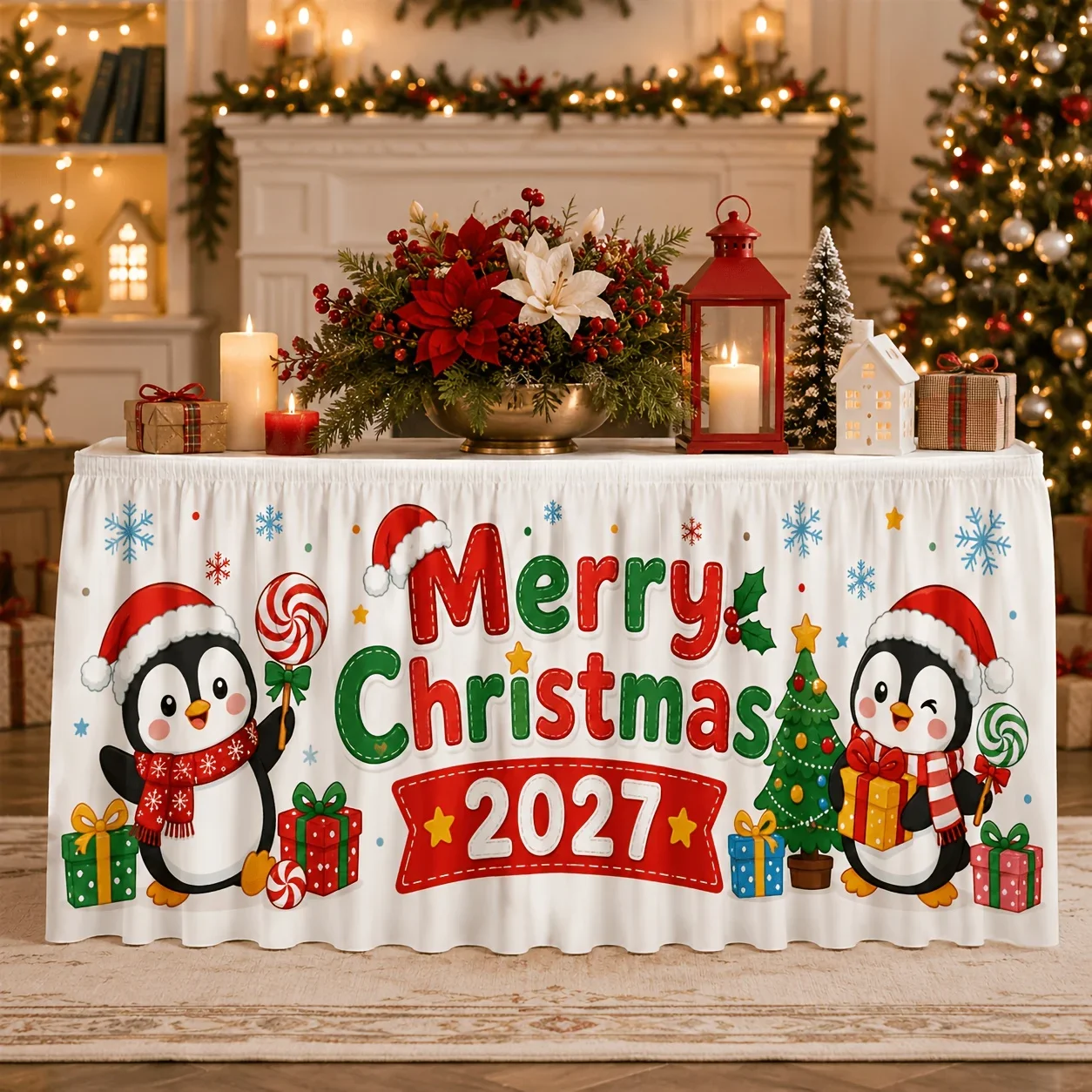 1 tablecloth skirt - Merry Christmas 2027 tablecloth, cute penguin Christmas hat scarf gift box lollipop Christmas treexzj