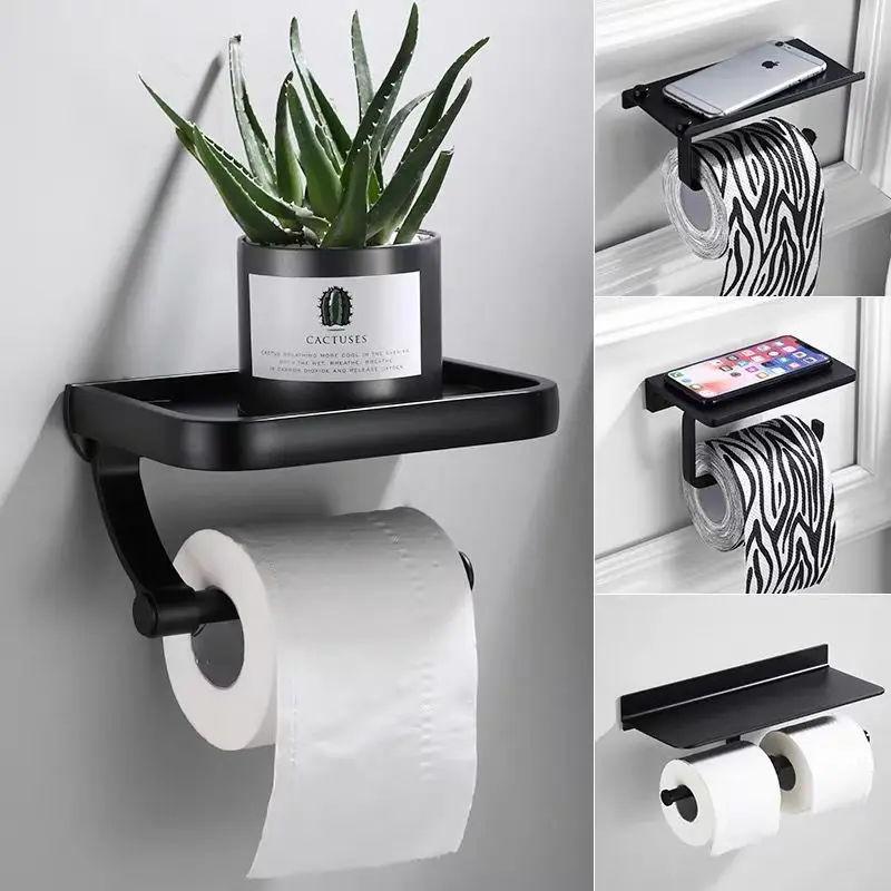 

1 Pc Wall Mounted Black Toilet Paper Holder Tissue Paper Holder Roll Holder With Phone Storage Shelf Bathroom Accessories