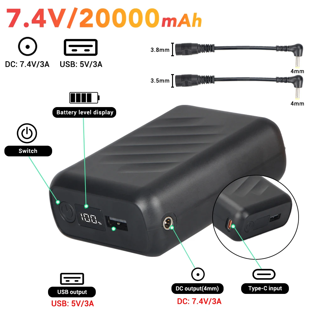 7.4V/3A/20000mAh Power Bank Portable Charging Power Supply Mobile Phone External Battery Fast Charging, For Heated vest jacket