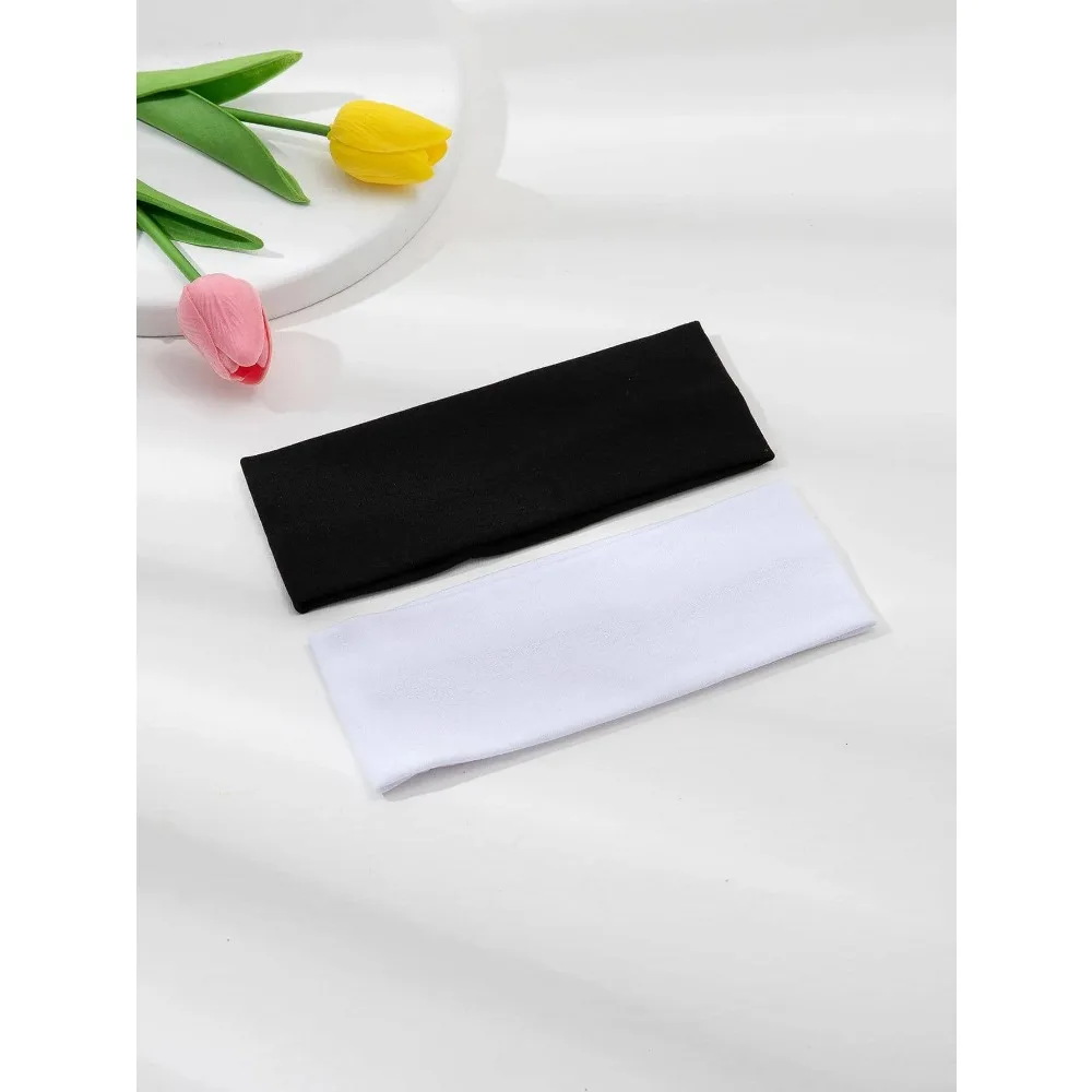 

2 шт. модных вязаных широких повязок на голову для женщин и девочек, однотонные эластичные повязки для волос, аксессуары для бега и велоспорта, черный и белый цвета