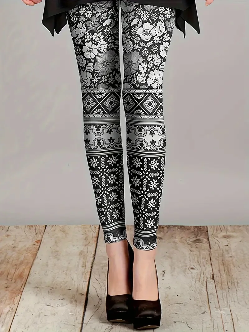 print stretch slim-fit elastic waist casual leggings for women