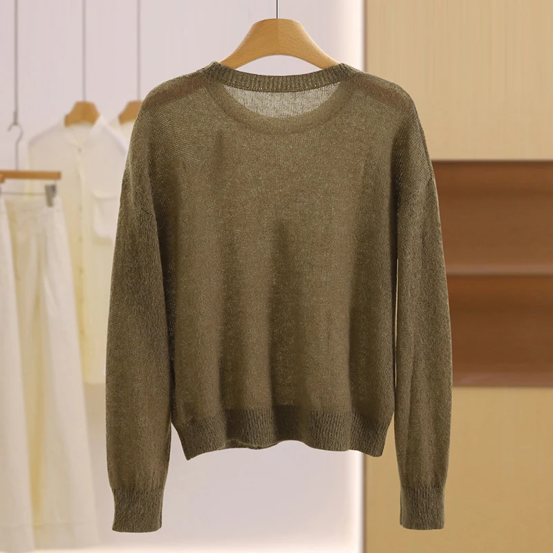 سترة محبوكة رقيقة بألوان نقية مزينة بالترتر، تصميم عصري شبابي، نمط كاجوال للتنقل اليومي، أكمام طويلة وياقة دائرية #3