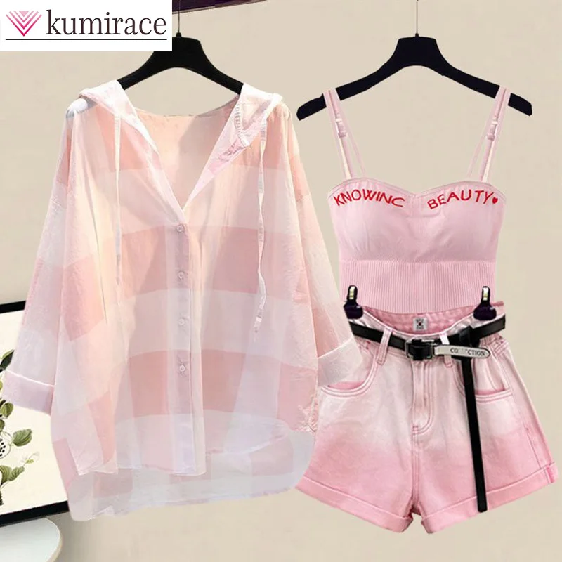 Summer Short Set Women's 2024 New Western Sunscreen Shirt with Hanging Straps and Cowboy Shorts Three Piece Set Shorts Set