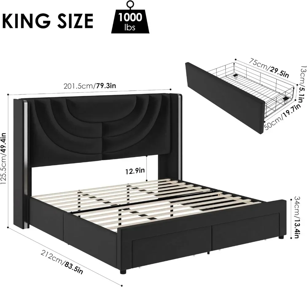 Marco de cama LED tapizado King con 2 cajones de almacenamiento, cama de plataforma de terciopelo con cabecero Wingback, soporte de listones de madera maciza