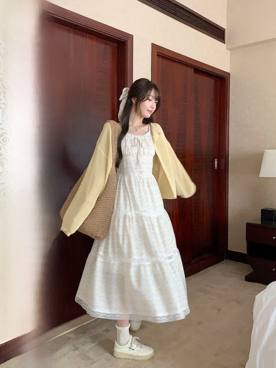 

Комплект из двух предметов: вязаный кардиган и длинное платье с цветочным принтом Land Xiao Tuan для женщин, в милом корейском стиле, с лесной атмосферой