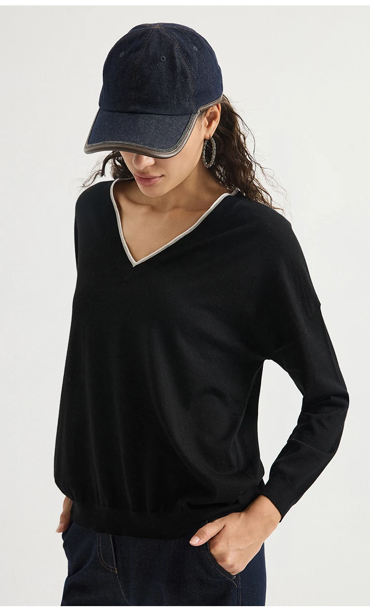 BD3621781 Damen 100% Wolle Oversized V-Ausschnitt Pullover Langarm Kontrastbesatz V-Form Kette Zweifarbig Entspannter Luxus Herbst – Detail 10