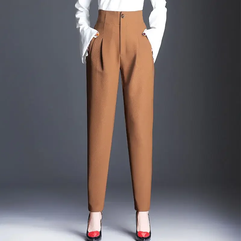 

Women Pants Korean Style Spring Summer High Waist New Straight Slim Pockets Button Fashion Elegant Casual Trousers