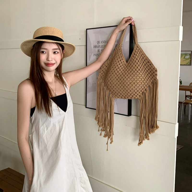 Bohemian Women\'s Large Capacity Tassel Shoulder Bag Handmade Cotton Woven Knitted Seaside Vacation Beach Tote Summer New Arrival