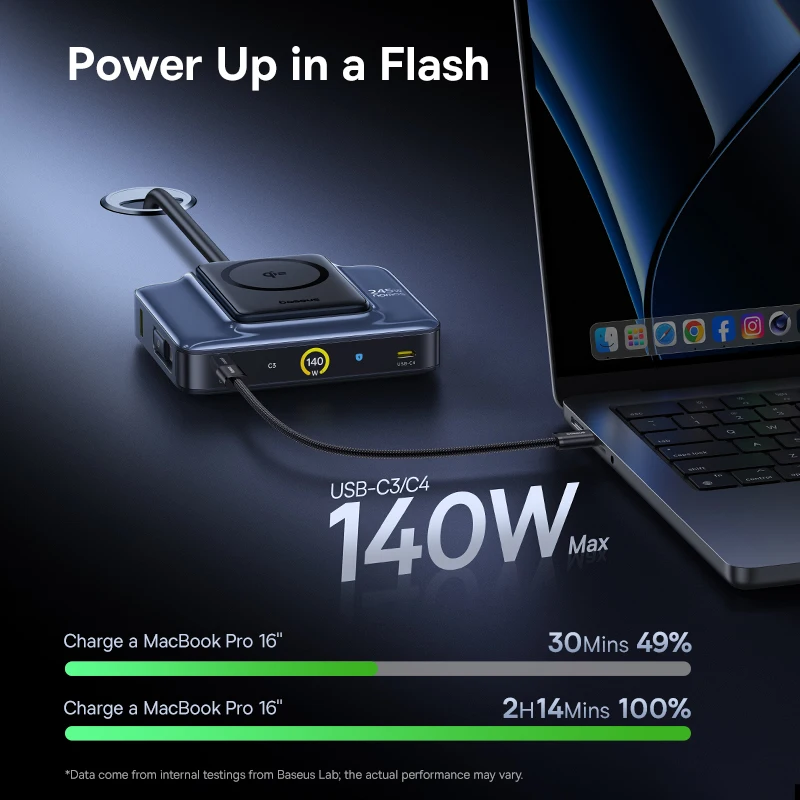 베이스어스 245W 데스크탑 충전기 태블릿 고속 충전기 Qi2 무선 충전기 리트랙터블 케이블 USB C 폰 충전기 아이폰 17 삼성용