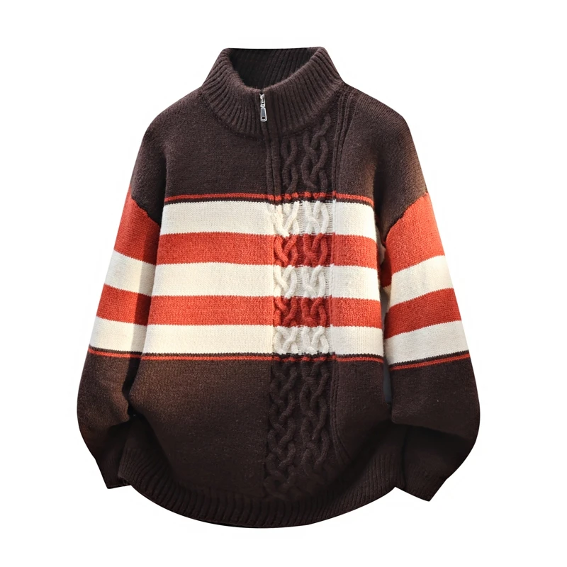 Men's Designer Original Half Zip Knit Sweater Stand Collar Striped Cable Knit Warm Soft Autumn Winter Casual Pullover Men's Wear