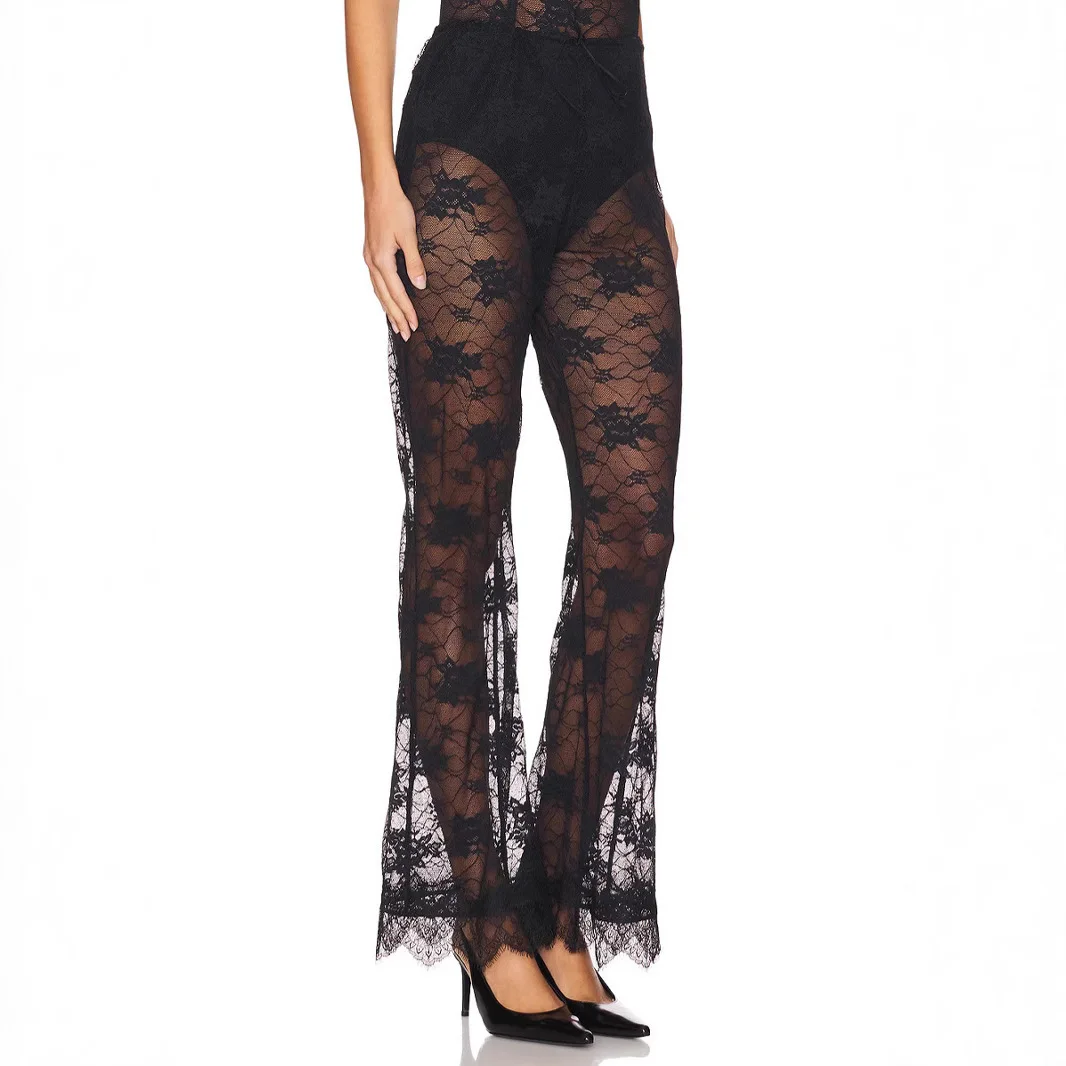 2025 Early Spring Cover Up Pants Mesh Horn Pants Sexy High Waist Perspective Lace Pants