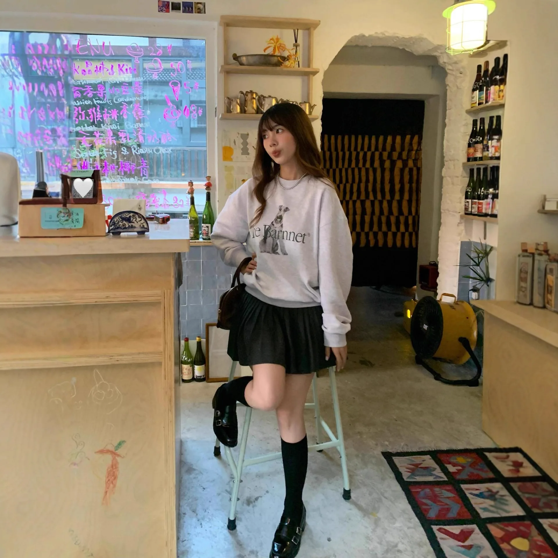 Thebarnnet Korea Sudadera con cuello redondo y forro polar para mujer - Nuevo top de otoño/invierno