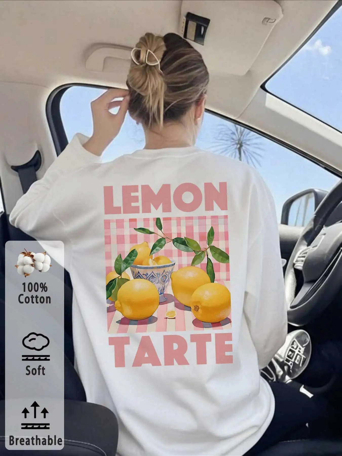 Retro Lemon Tarte Print Women T-shirt Vintage Casual Graphic Top Fresh Style Casual Long Sleeve T Shirt Unisex Clothing Oversize