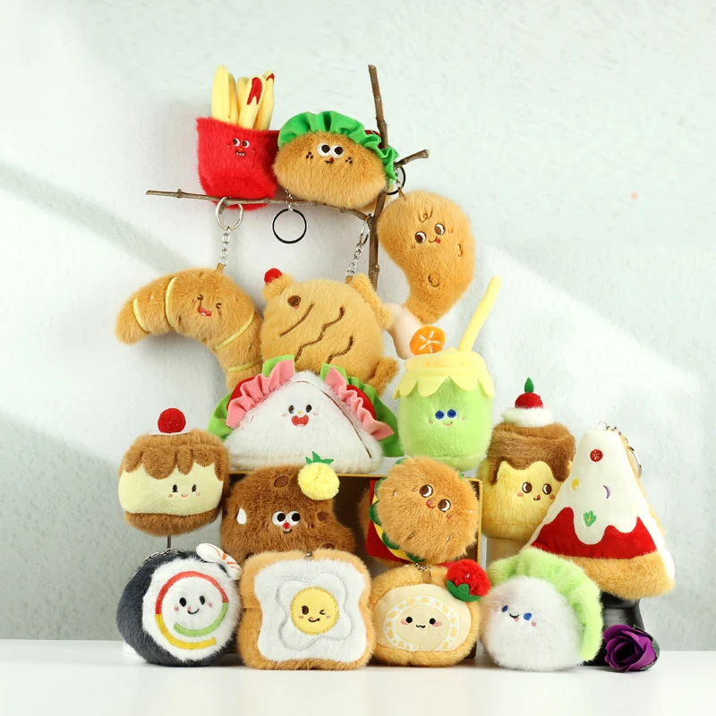 Mini colgante de hamburguesa para aperitivos, muñeco de peluche, Sushi, patatas fritas, pan, comida, llavero, bolsa de cuerno, llavero colgante
