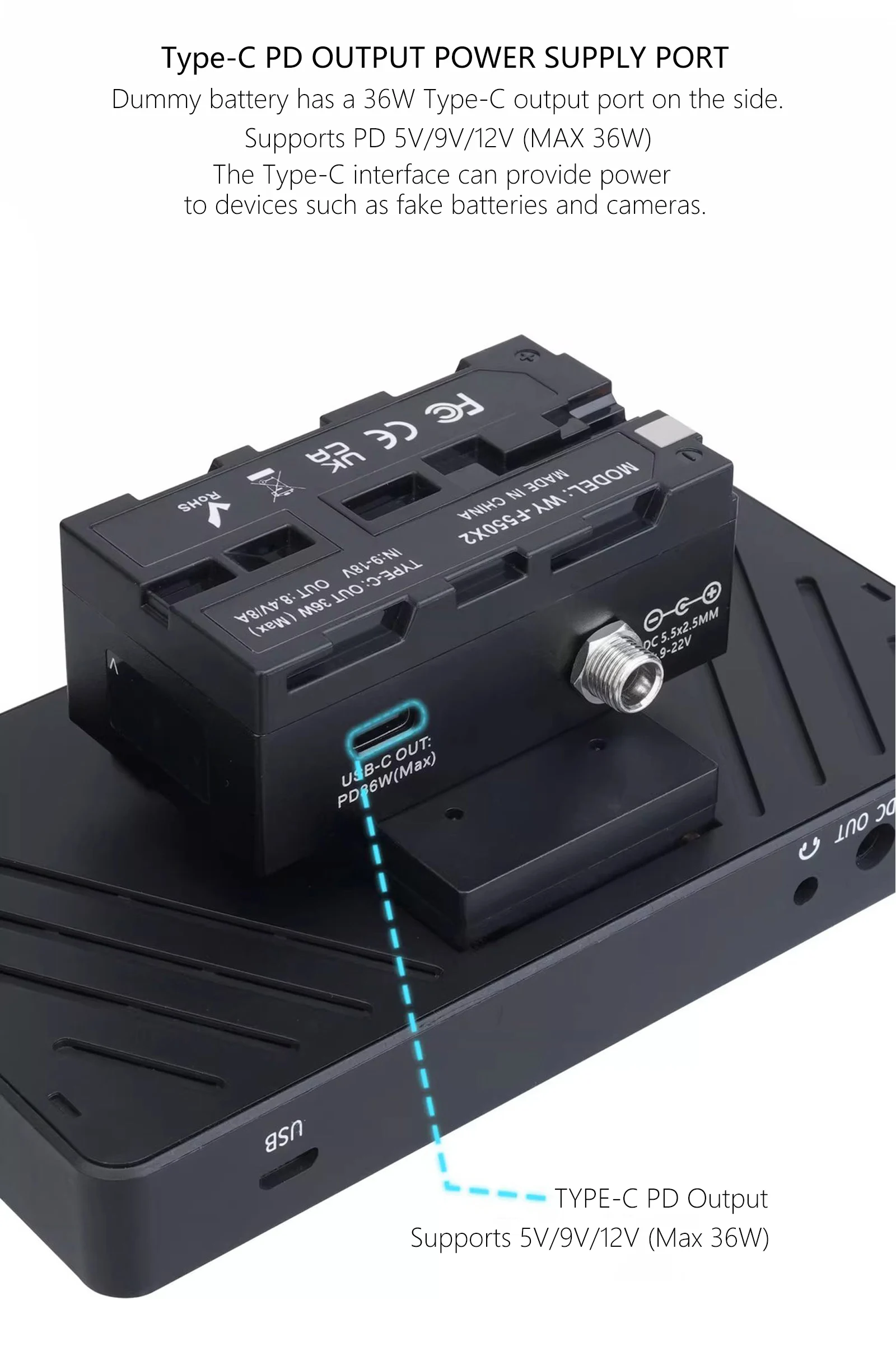 Doppelseitiger NP-F Dummy-Akku-Adapter NP-F550/F750/F970 für Kamera-Monitor Drahtloser Sender D-Tap zu DC 5,5*2,5mm Kabel – Detail 7