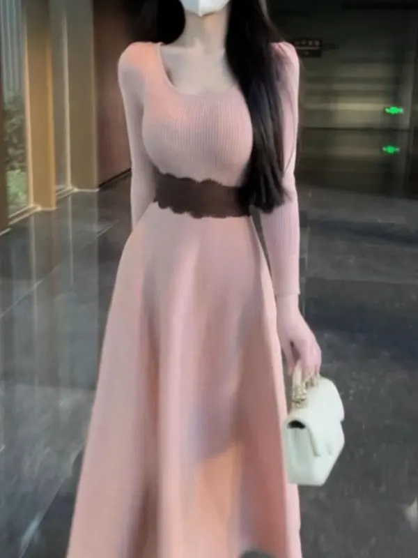 

Ele Knitted Puffy Skirt Dr High Waist Slim Fit Winter Faionable Temperate Sle Long Sve U-Neline Cotton Dr