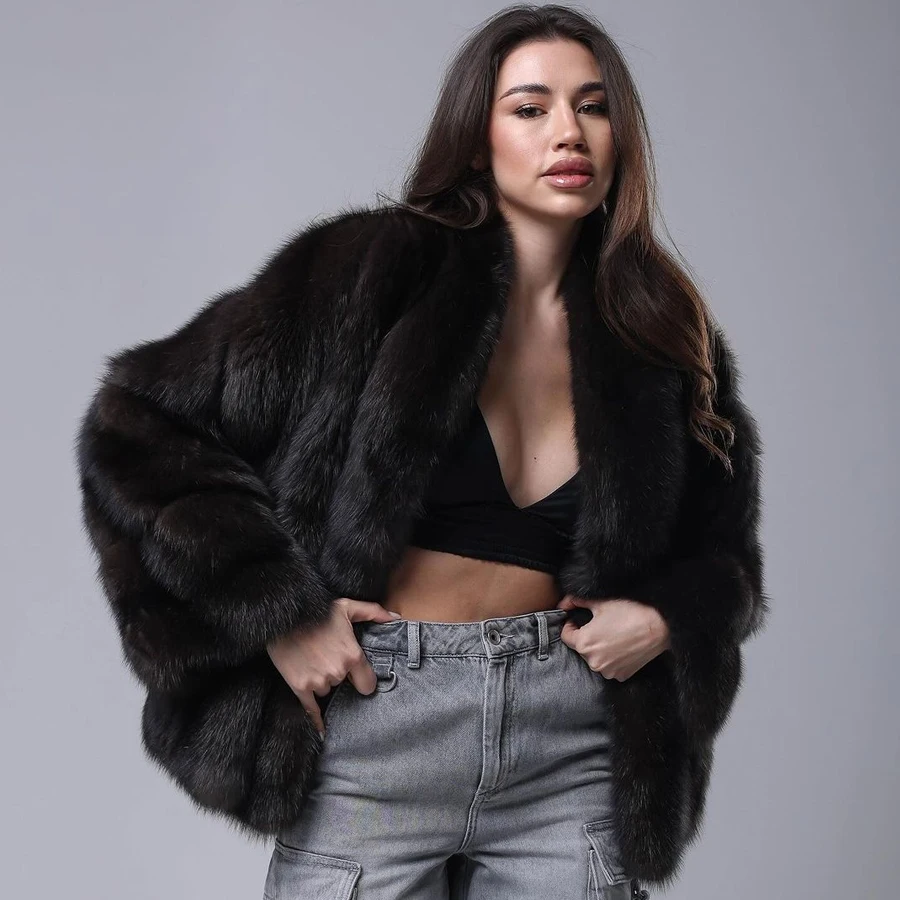 

Real Fur Coats Black Fur Jacket Women Cropped Fox Fur Coats Fashion Winter Warm Fur Coats High Quality Best Selling