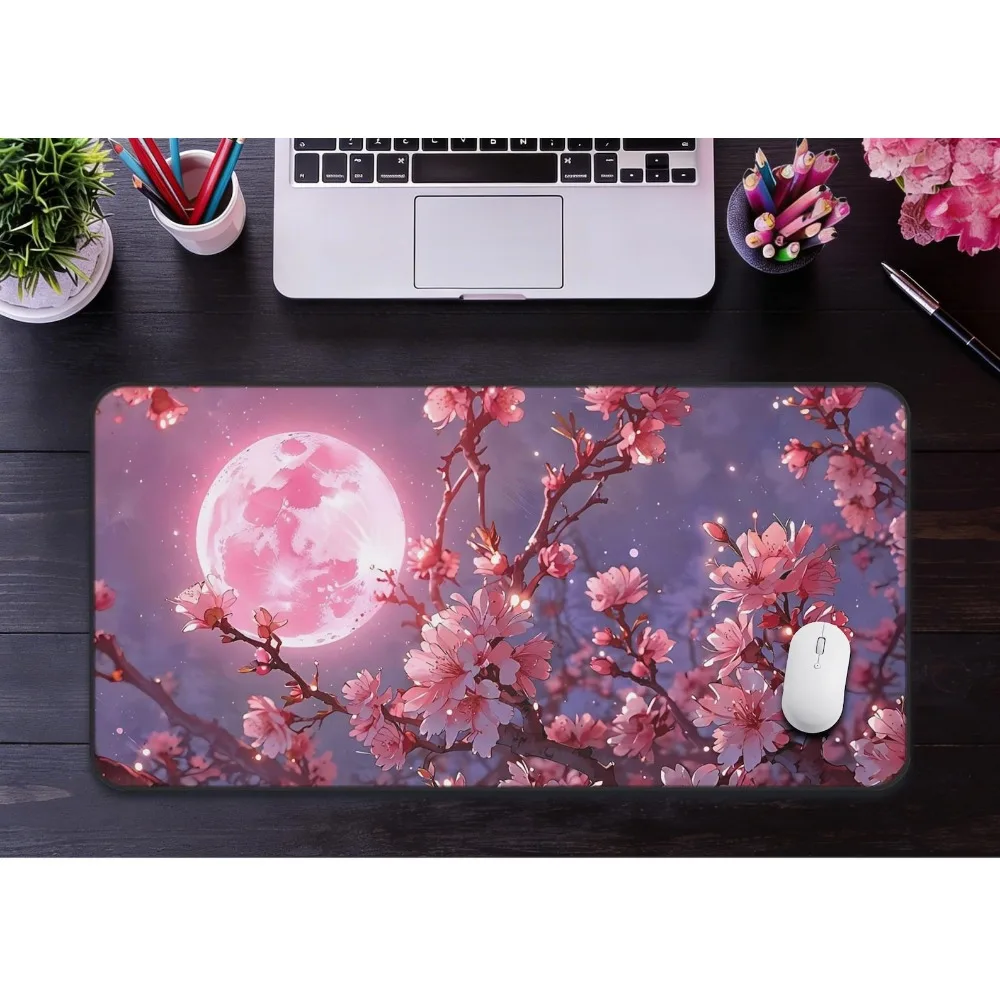 

Pink Moon Cherry Blossom Large Mouse Pad Gaming Desk Mat Non-Slip Rubber Base Waterproof Keyboard Mat for Office Home PC Gamer