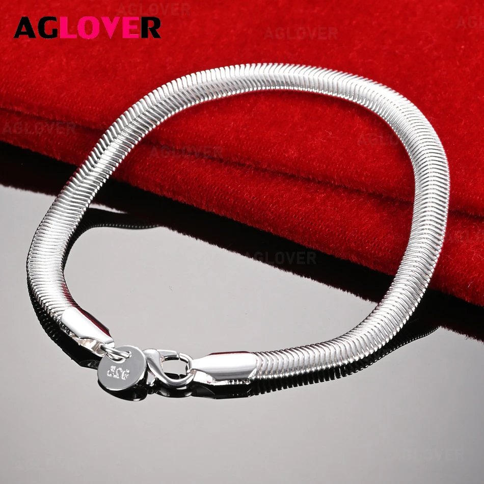 

AGLOVER 925 Sterling Silver 6mm Flat Snake Chain Bracelet Woman Charm Fashion Holiday Party Gift Jewelry