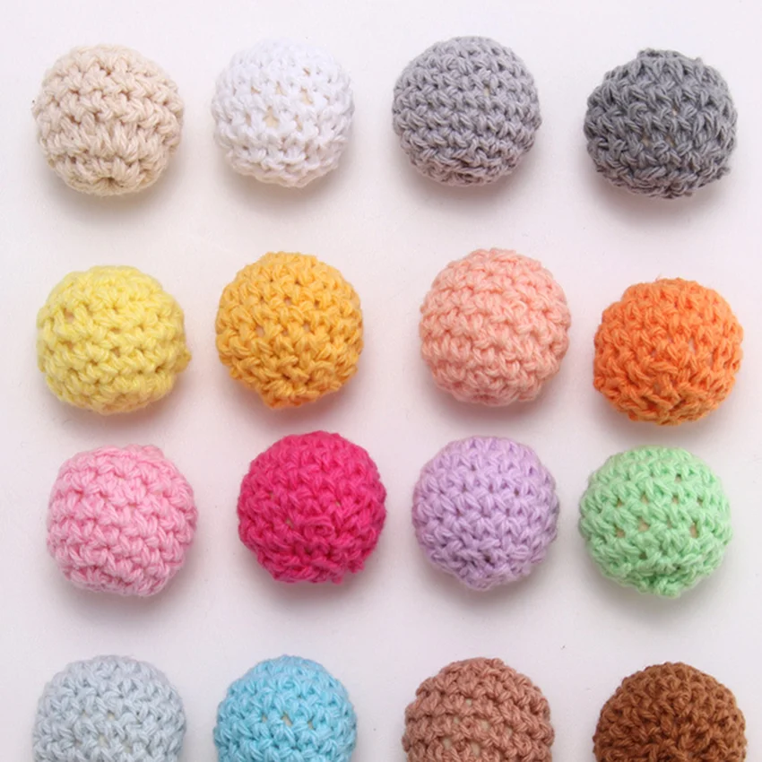 NANA 10pcs Handmade Round Woven Cotton Crochet Wooden Beads Teething Toys Wood Baby Crafts Diy Decorative Accessories 16mm 20mm