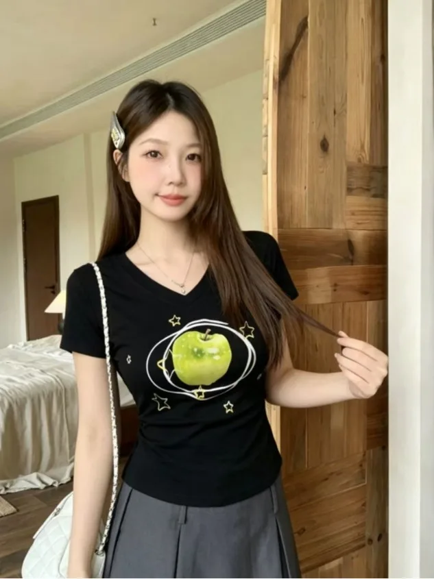 

plus Size Print Short Sleeve T-Shirt V-Neck Slimming Versatile Casual Top Korean Style Summer New Arrival Women's Fashion