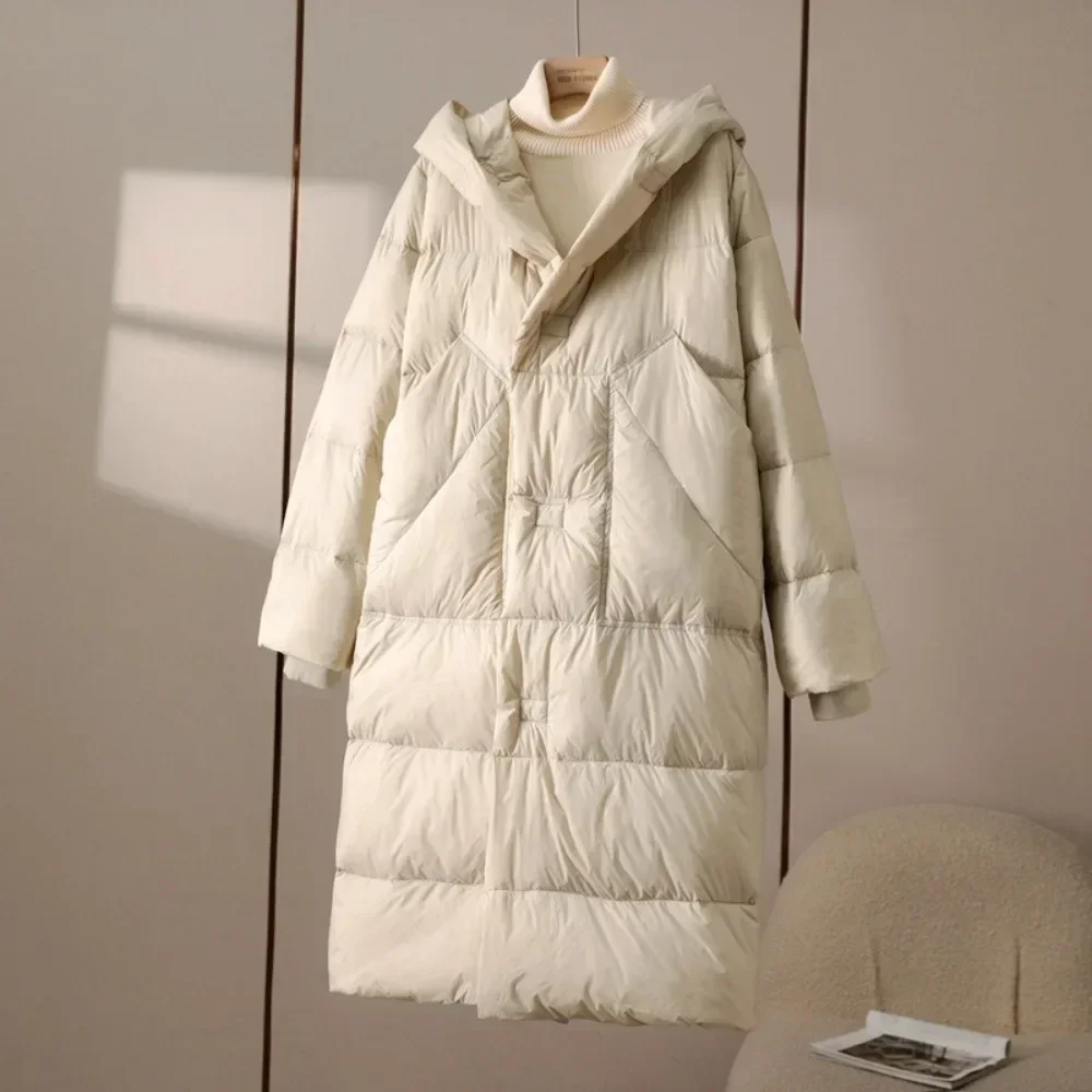 Mujer invierno nueva moda Puffer fajas con capucha de gran tamaño amarre por encima de la rodilla abrigo chaqueta de plumón de pato blanco sólido grueso cálido Mujer