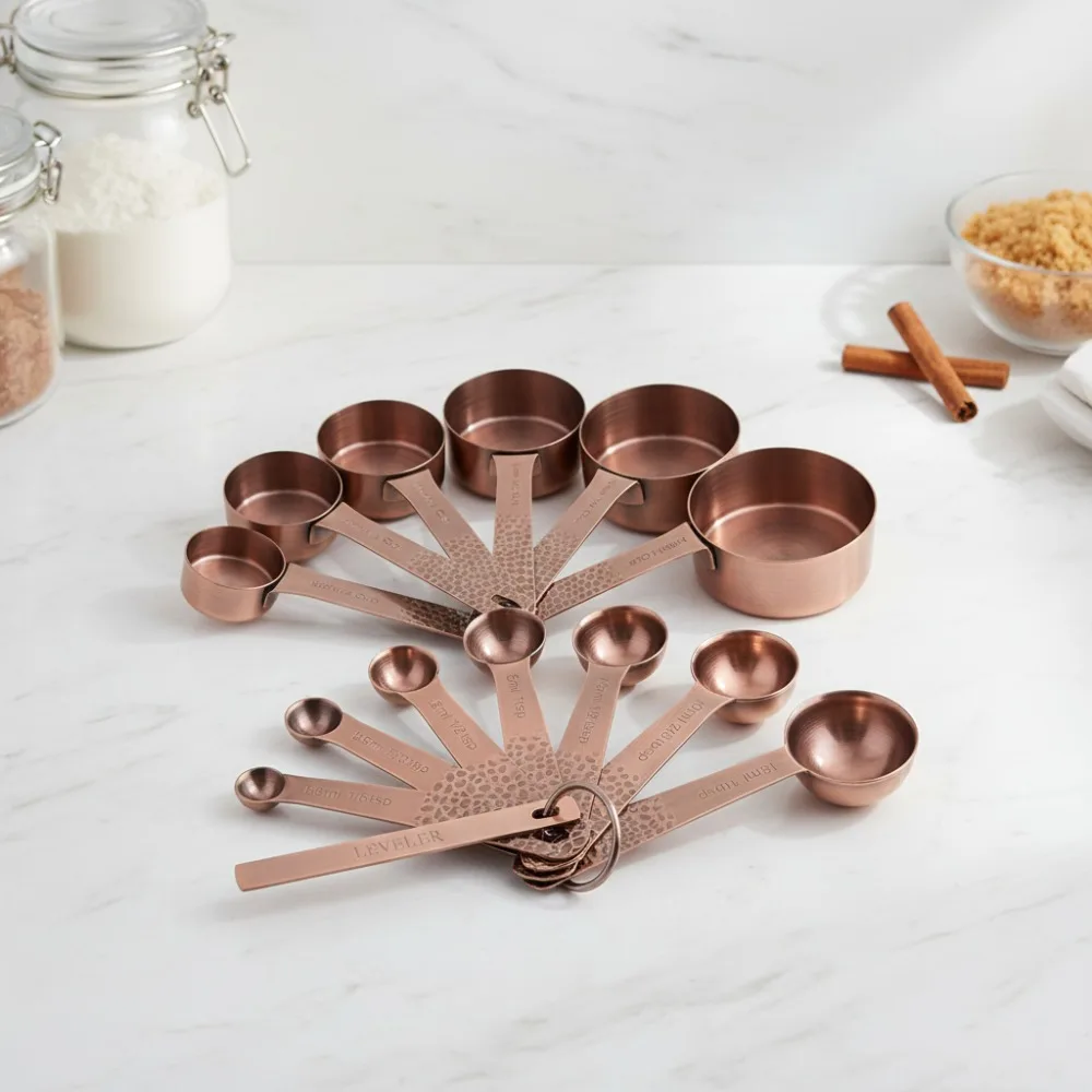 

Copper Measuring Cups & Spoons Set, 13-Piece Stainless Steel Kitchen Baking Tools with Leveler