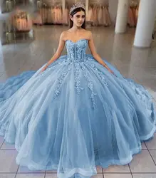 15 Year Old Quinceanera Dress 2024 Strapless Sweetheart Ball Gown Lace Applique Tulle Formal Party Princess Evening Gowns