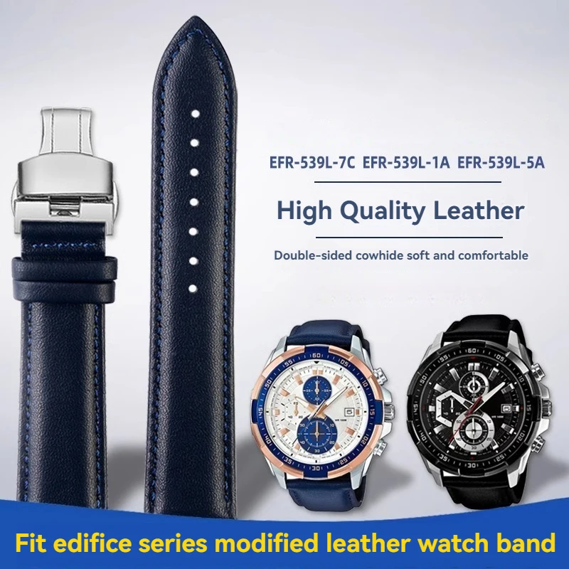 For Casio EDIFICE Watch Ocean Heart EFR-539L Racing F1 Cowhide Watch Bands EFR-539 Black Blue Male Calfskin Wristband 23mm