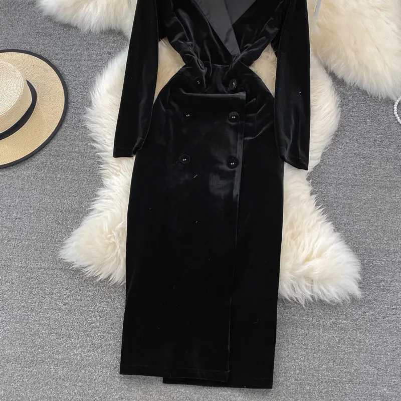 OL High-End Ladies Temperament Slim Suit Collar Color Matching Velvet Dresses Elegant Vintage Double Breasted Robe Jacket H016