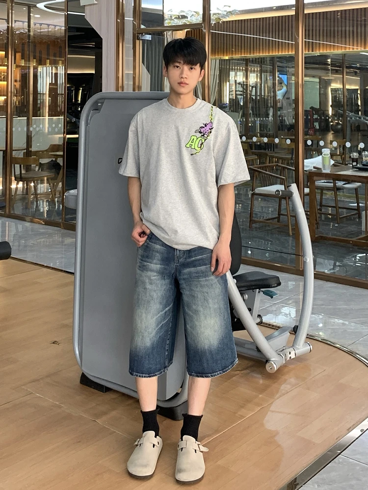 

Deep Blue Waed Seven-Five Men's Denim orts Casual Straight Leg Wide Pants Summer American Retro High-End Feeling